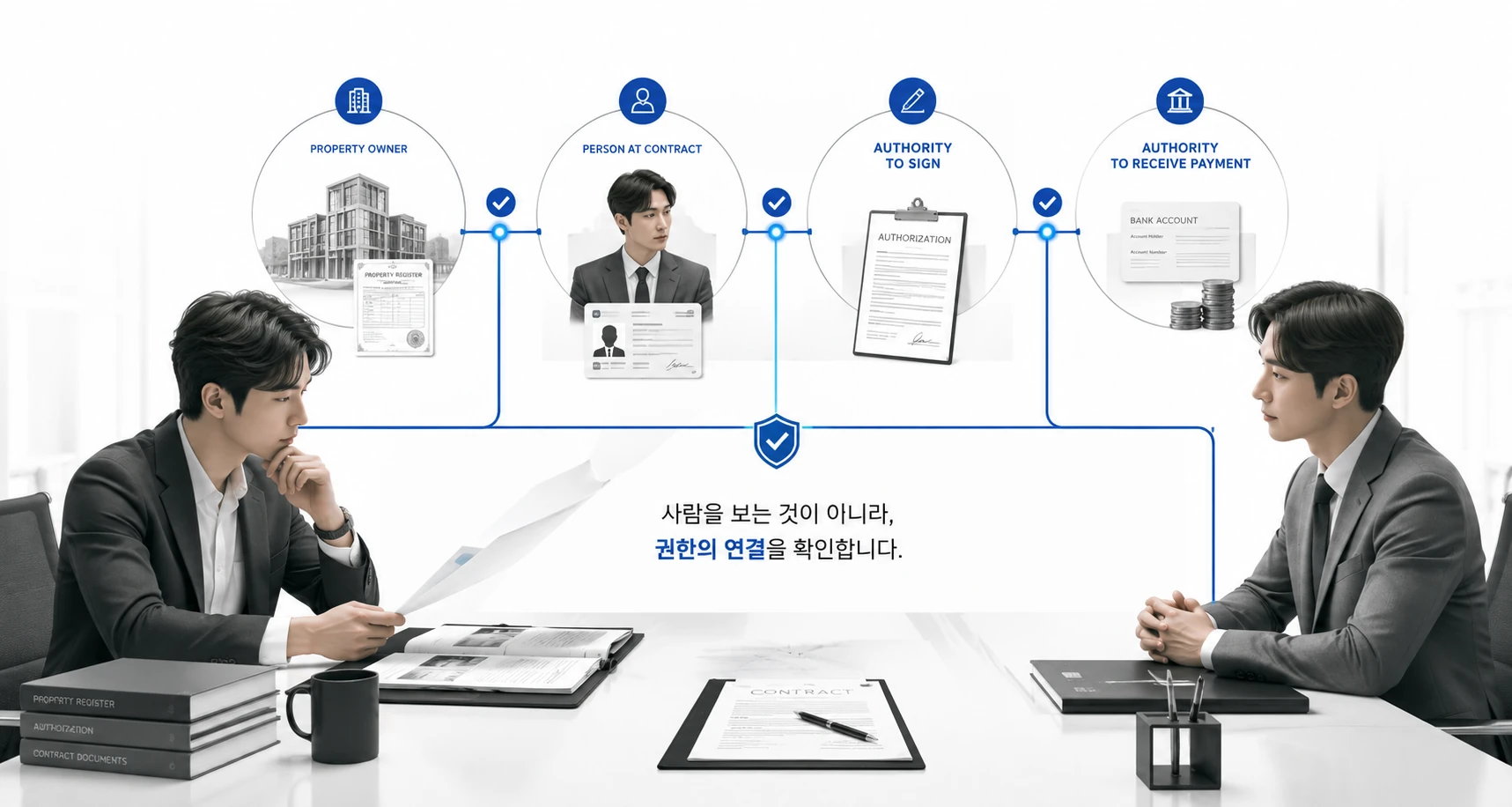 소유자, 신분, 계약 권한, 지급계좌를 순서대로 확인하고 진행 또는 보류를 판단하는 실전 확인 그래픽